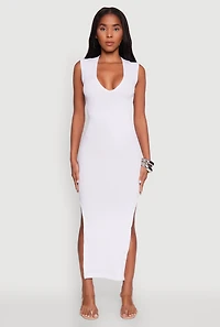 Womens Trendy Rib Knit Plunge Neck Side Slit Maxi Dress, White, Size S