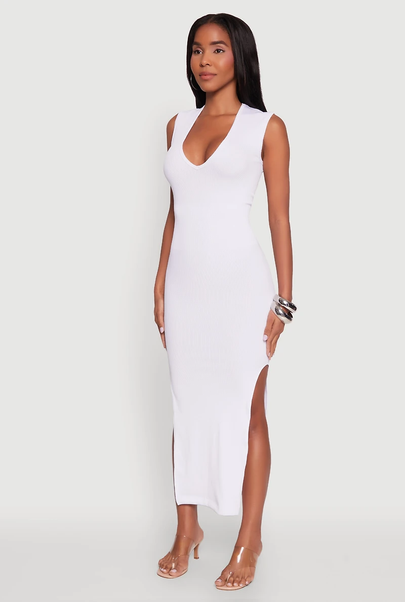 Womens Trendy Rib Knit Plunge Neck Side Slit Maxi Dress, White, Size S