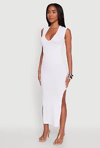 Womens Trendy Rib Knit Plunge Neck Side Slit Maxi Dress, White, Size S