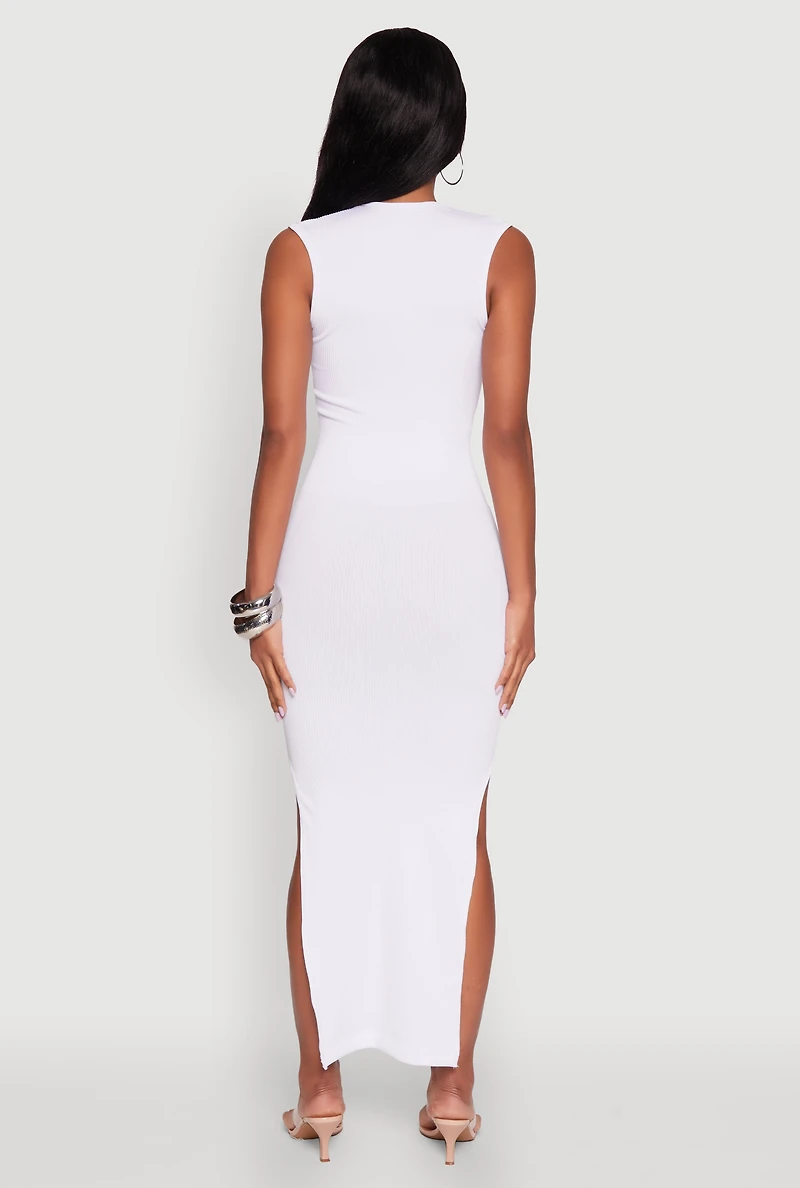 Womens Trendy Rib Knit Plunge Neck Side Slit Maxi Dress, White, Size S