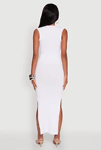 Womens Trendy Rib Knit Plunge Neck Side Slit Maxi Dress, White, Size S