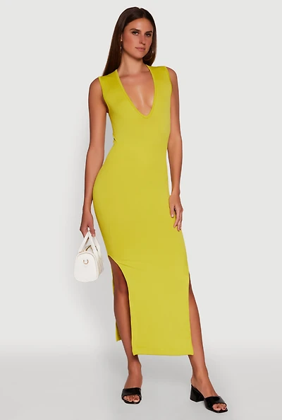 Womens Trendy Rib Knit Plunge Neck Side Slit Maxi Dress, Yellow,