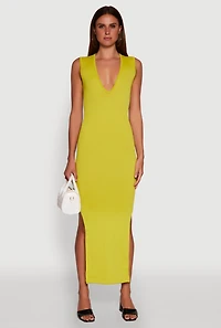 Womens Trendy Rib Knit Plunge Neck Side Slit Maxi Dress, Yellow,