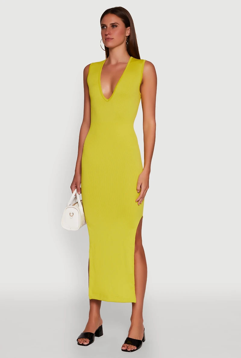 Womens Trendy Rib Knit Plunge Neck Side Slit Maxi Dress, Yellow,