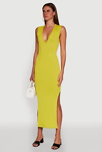 Womens Trendy Rib Knit Plunge Neck Side Slit Maxi Dress, Yellow,