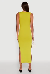 Womens Trendy Rib Knit Plunge Neck Side Slit Maxi Dress, Yellow,
