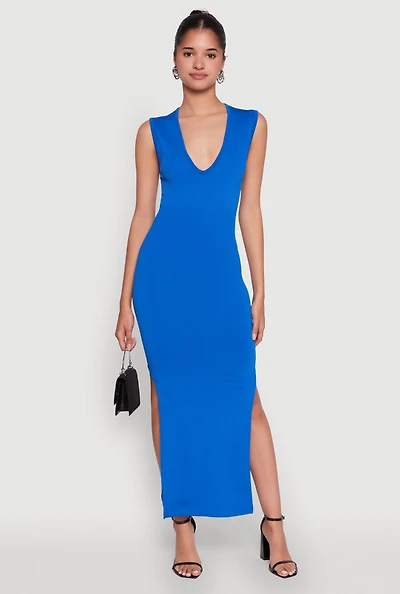 Womens Trendy Rib Knit Plunge Neck Side Slit Maxi Dress,