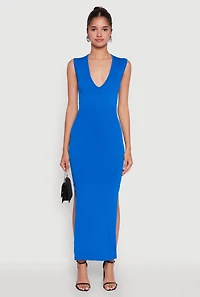 Womens Trendy Rib Knit Plunge Neck Side Slit Maxi Dress, Blue, Size L