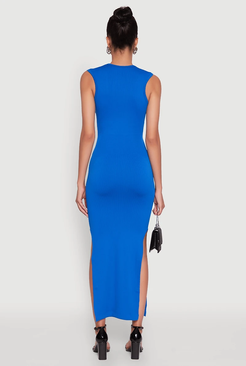 Womens Trendy Rib Knit Plunge Neck Side Slit Maxi Dress, Blue, Size L