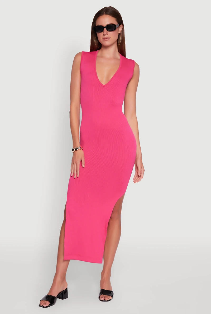 Womens Trendy Rib Knit Plunge Neck Side Slit Maxi Dress, Pink, Size L