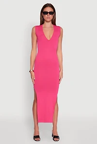Womens Trendy Rib Knit Plunge Neck Side Slit Maxi Dress,