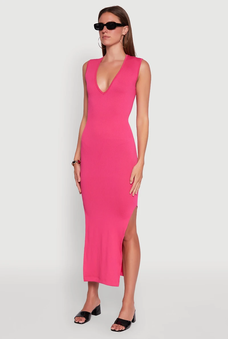 Womens Trendy Rib Knit Plunge Neck Side Slit Maxi Dress,