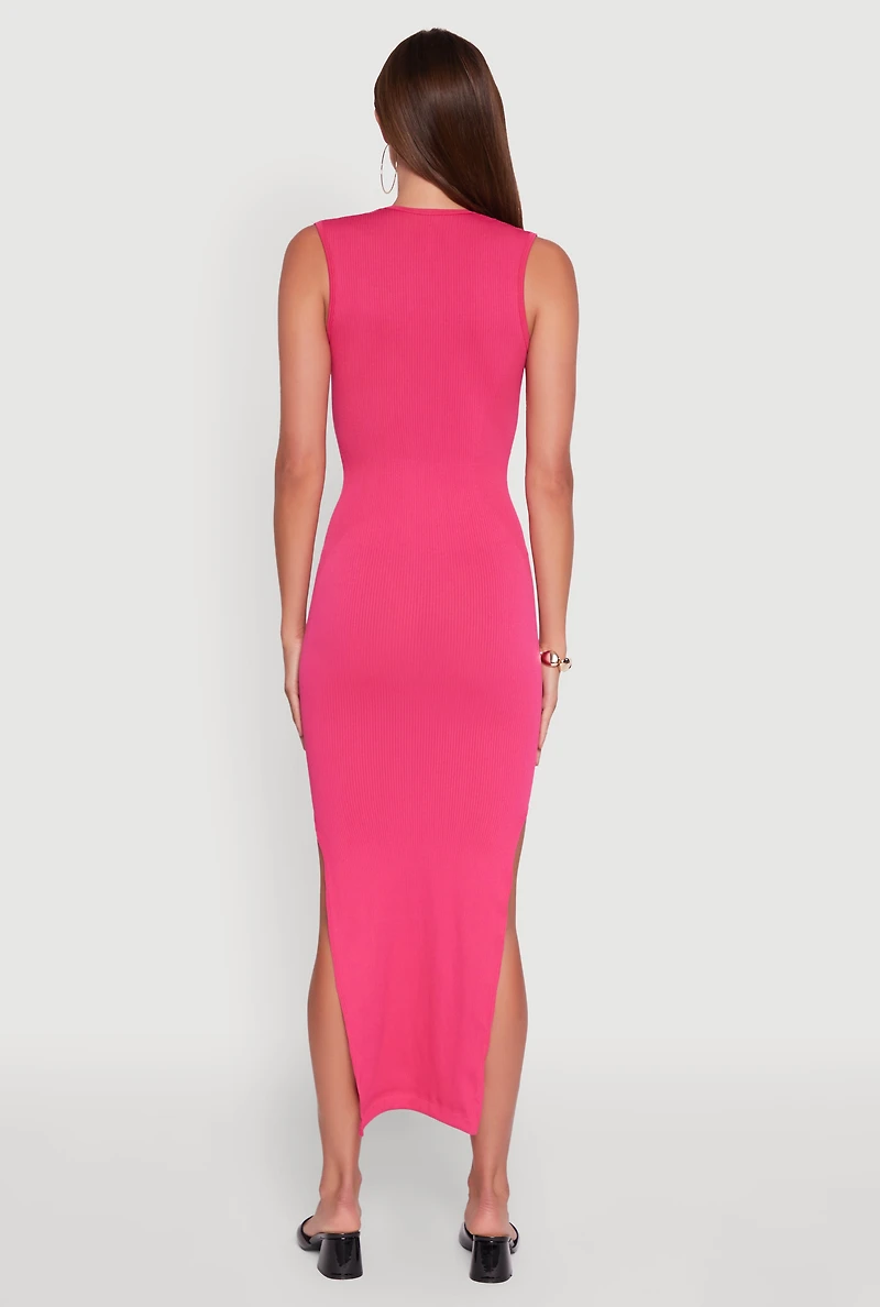 Womens Trendy Rib Knit Plunge Neck Side Slit Maxi Dress,