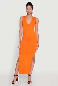 Womens Trendy Rib Knit Plunge Neck Side Slit Maxi Dress,