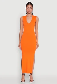 Womens Trendy Rib Knit Plunge Neck Side Slit Maxi Dress,
