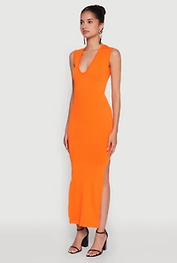 Womens Trendy Rib Knit Plunge Neck Side Slit Maxi Dress,