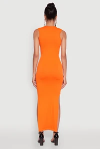 Womens Trendy Rib Knit Plunge Neck Side Slit Maxi Dress, L