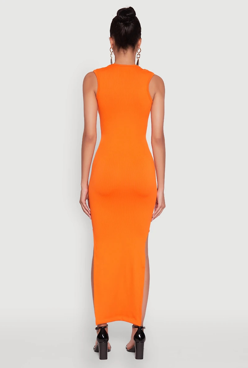 Womens Trendy Rib Knit Plunge Neck Side Slit Maxi Dress, M