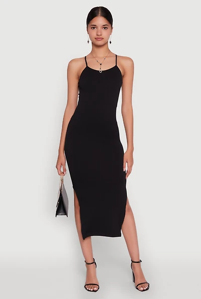 Womens Trendy Ribbed Knit Side Slit Midi Dress,