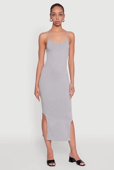 Trendy Ribbed Knit Side Slit Midi Dress