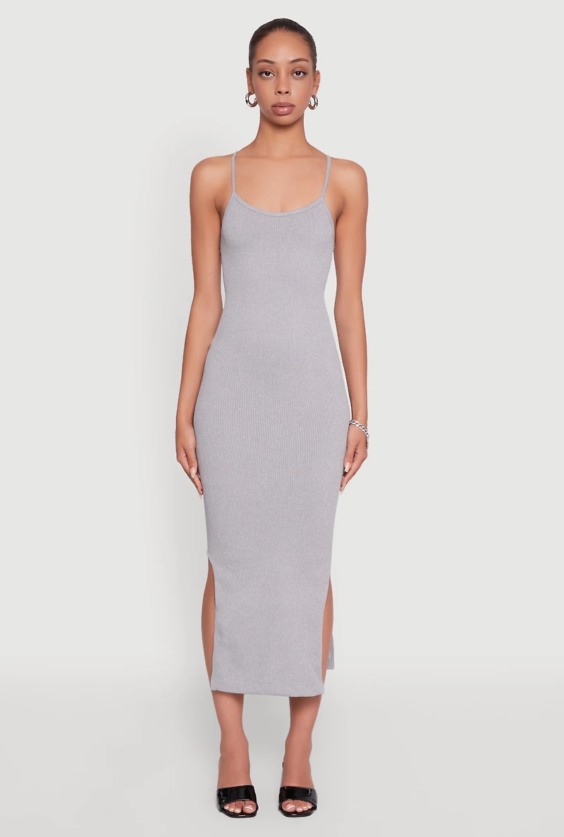 Womens Trendy Ribbed Knit Side Slit Midi Dress, Grey, Size L
