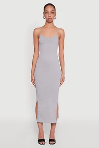 Womens Trendy Ribbed Knit Side Slit Midi Dress, Grey, Size L