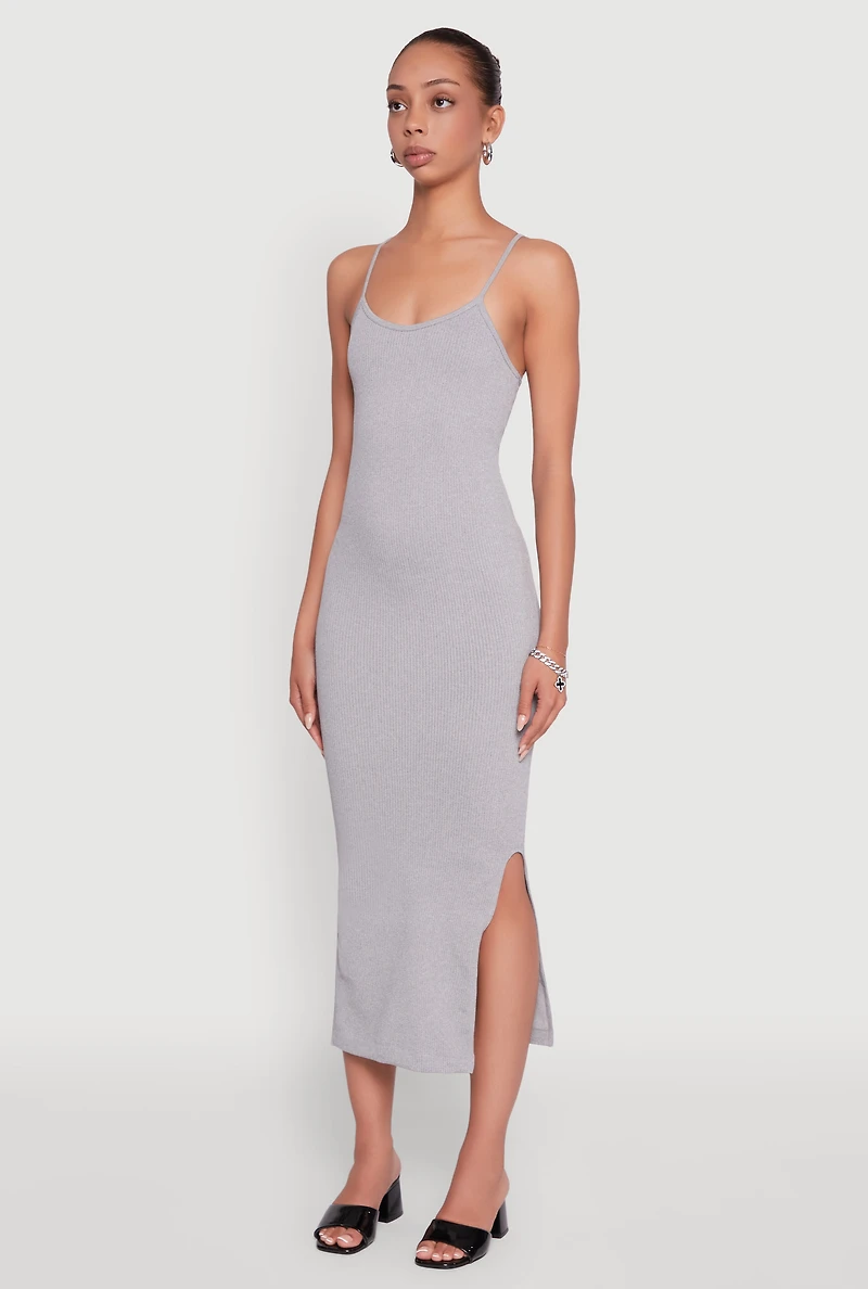 Trendy Ribbed Knit Side Slit Midi Dress