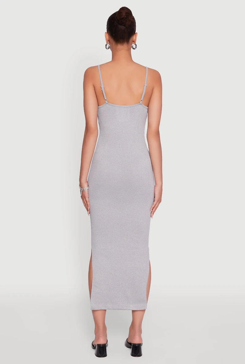 Womens Trendy Ribbed Knit Side Slit Midi Dress, Grey, Size L