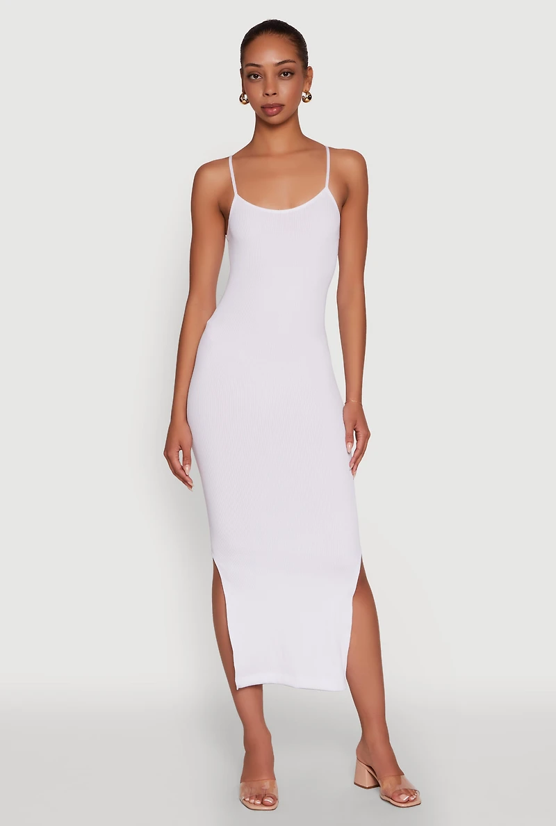 Trendy Ribbed Knit Side Slit Midi Dress
