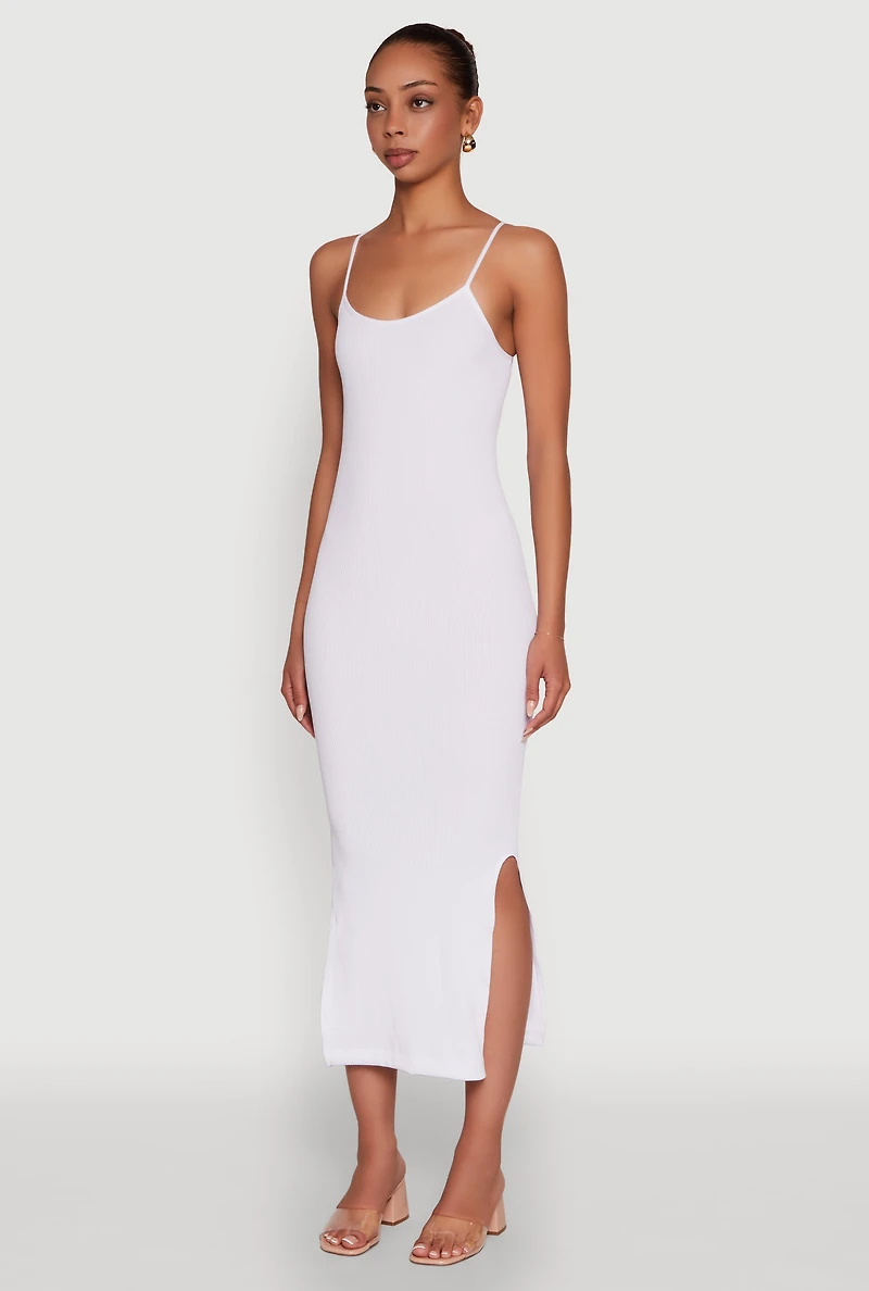 Trendy Ribbed Knit Side Slit Midi Dress