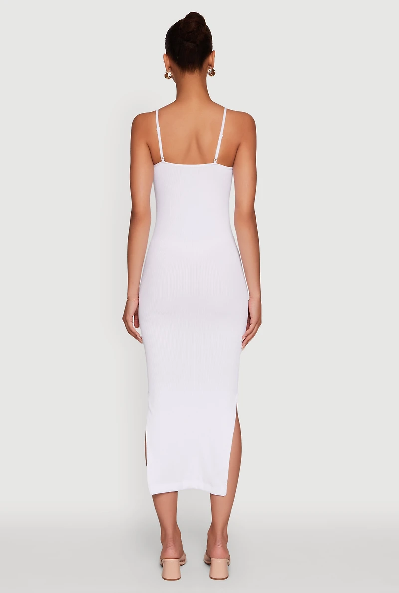 Trendy Ribbed Knit Side Slit Midi Dress