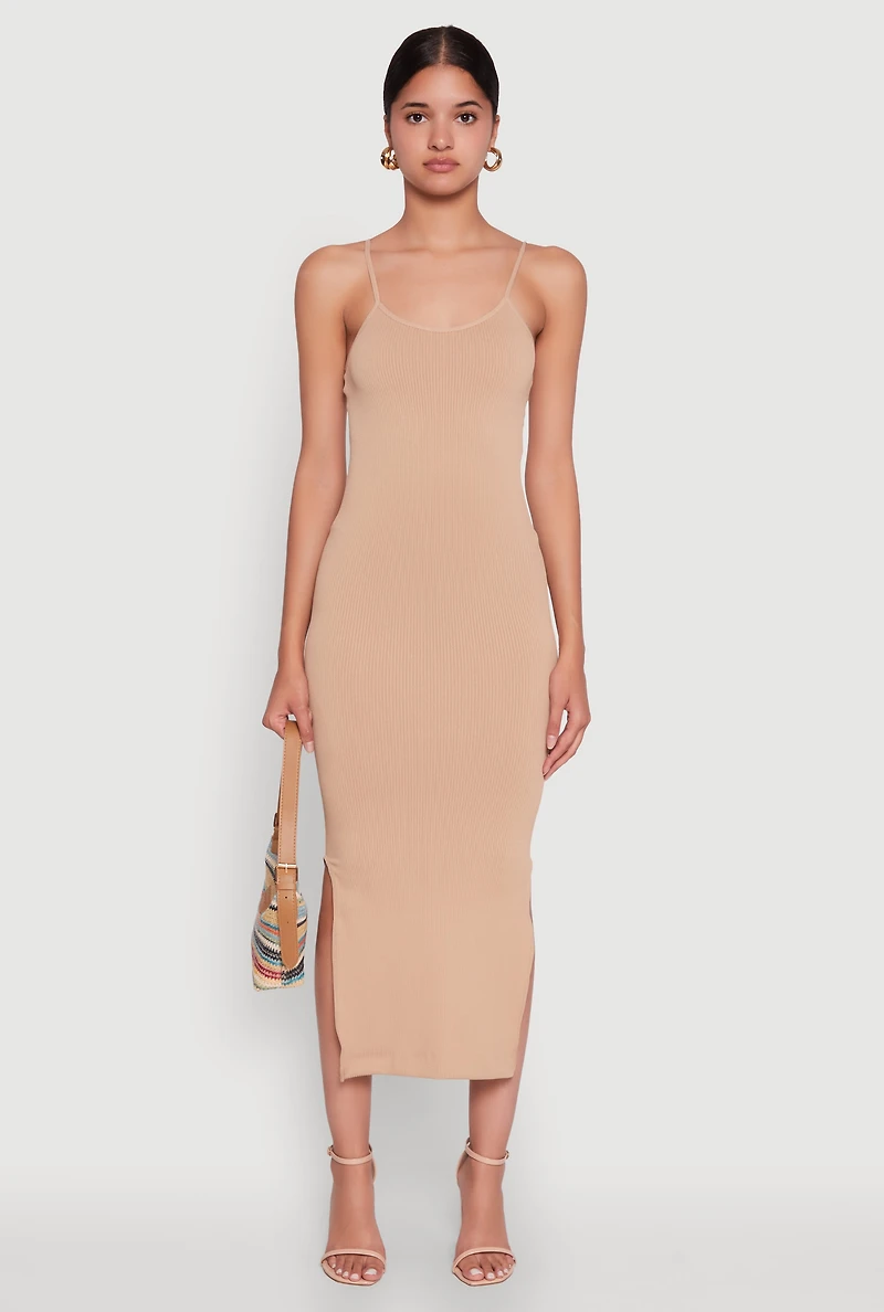 Womens Trendy Ribbed Knit Side Slit Midi Dress, L