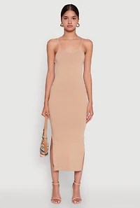 Womens Trendy Ribbed Knit Side Slit Midi Dress, L