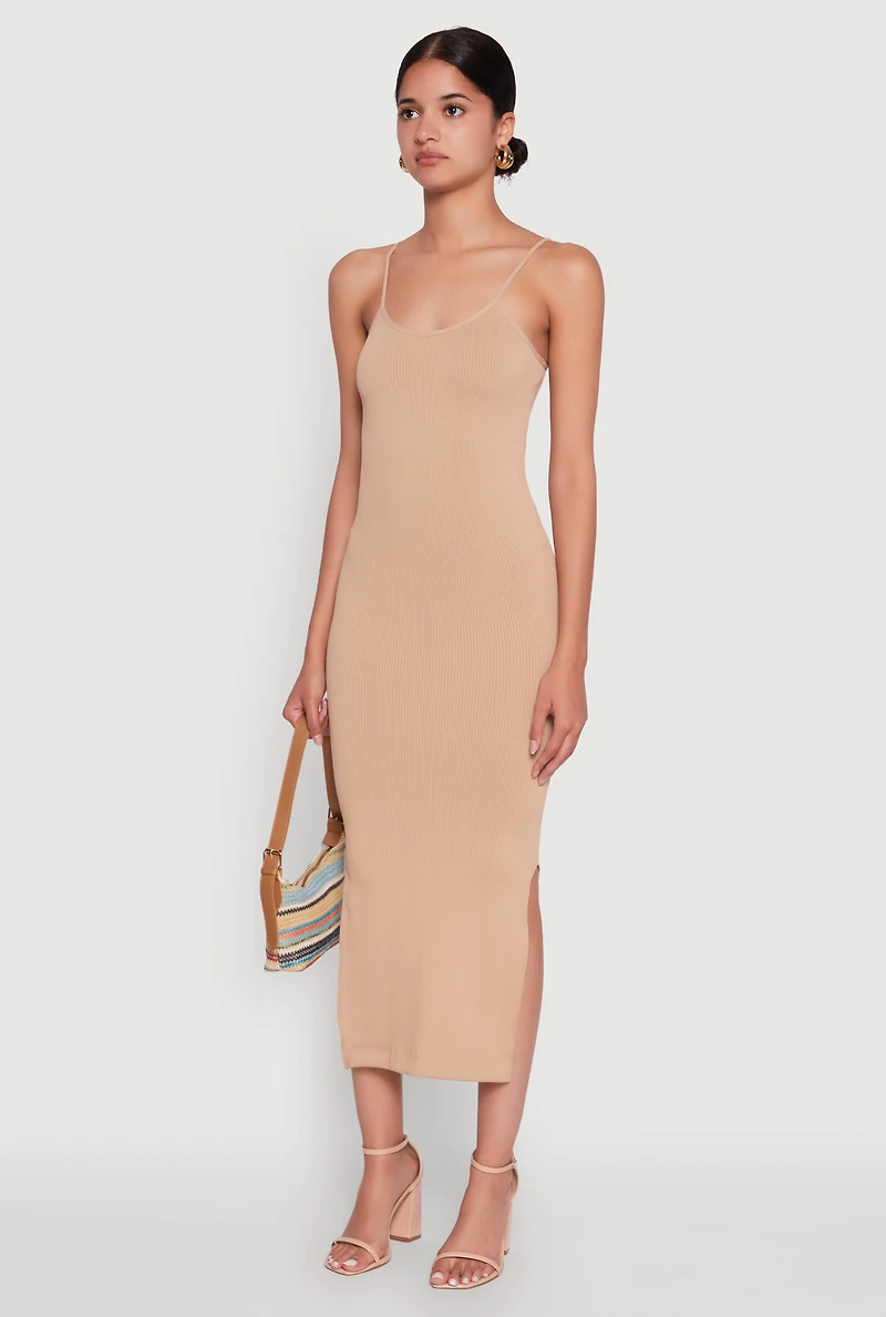 Womens Trendy Ribbed Knit Side Slit Midi Dress, L