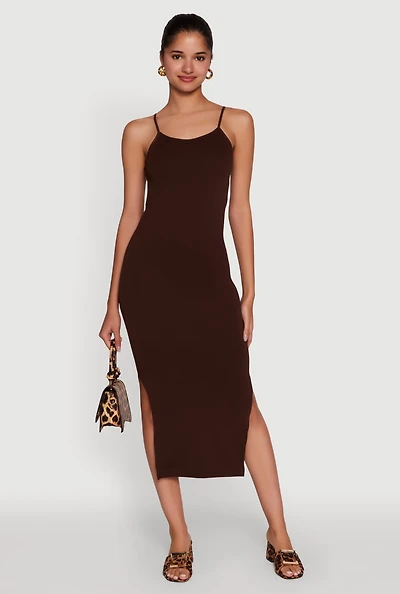Womens Trendy Ribbed Knit Side Slit Midi Dress, Brown,
