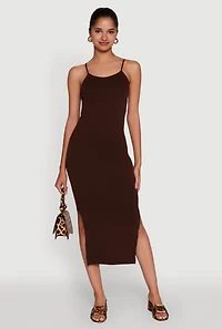 Womens Trendy Ribbed Knit Side Slit Midi Dress, Brown,