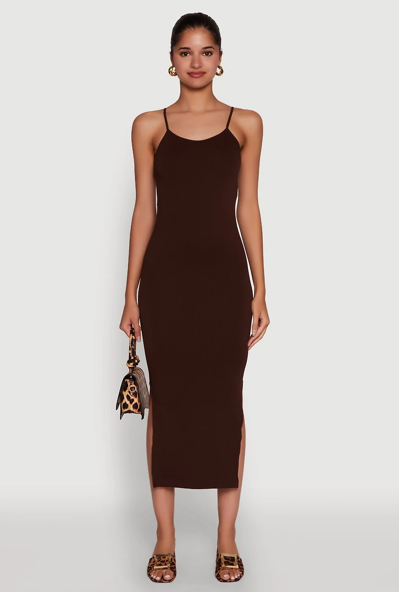 Womens Trendy Ribbed Knit Side Slit Midi Dress,