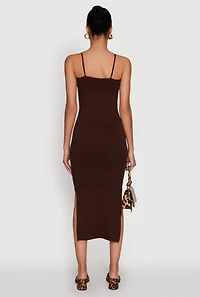 Womens Trendy Ribbed Knit Side Slit Midi Dress, Brown,