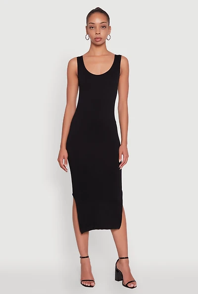 Womens Rib Knit Scoop Neck Side Slit Tank Dress,