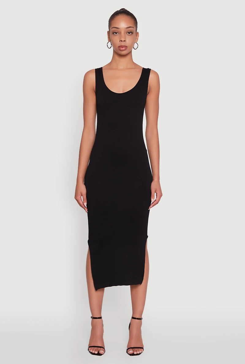 Womens Rib Knit Scoop Neck Side Slit Tank Dress,