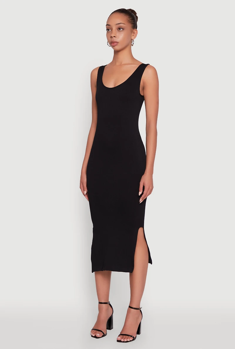Womens Rib Knit Scoop Neck Side Slit Tank Dress,