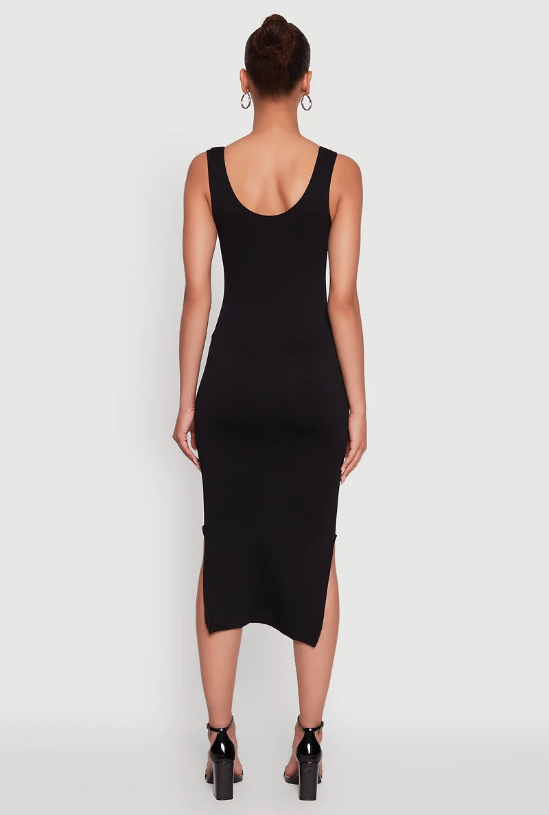 Womens Rib Knit Scoop Neck Side Slit Tank Dress,