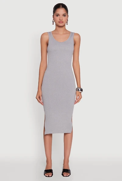 Rib Knit Scoop Neck Side Slit Tank Dress
