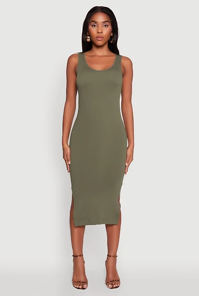 Womens Rib Knit Scoop Neck Side Slit Tank Dress,