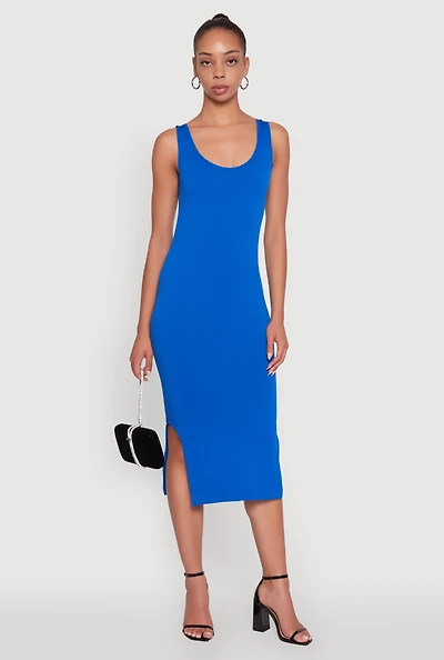 Womens Rib Knit Scoop Neck Side Slit Tank Dress,