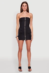 Womens Ribbed Knit Zip Front Cargo Pocket Tube Dress, Black, Size L