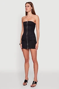 Ribbed Knit Zip Front Cargo Pocket Tube Dress