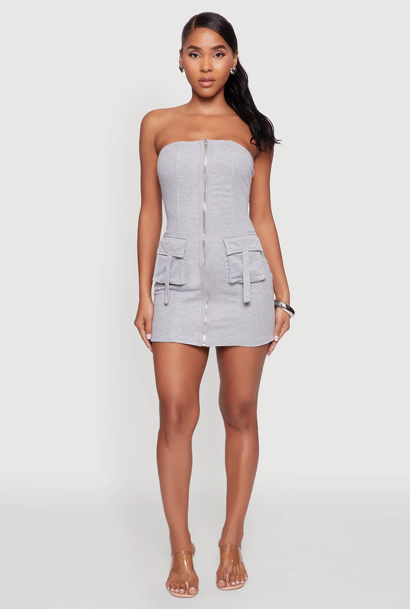 Womens Ribbed Knit Zip Front Cargo Pocket Tube Dress, Grey, Size XL
