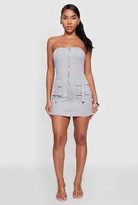 Womens Ribbed Knit Zip Front Cargo Pocket Tube Dress, Grey, Size XL