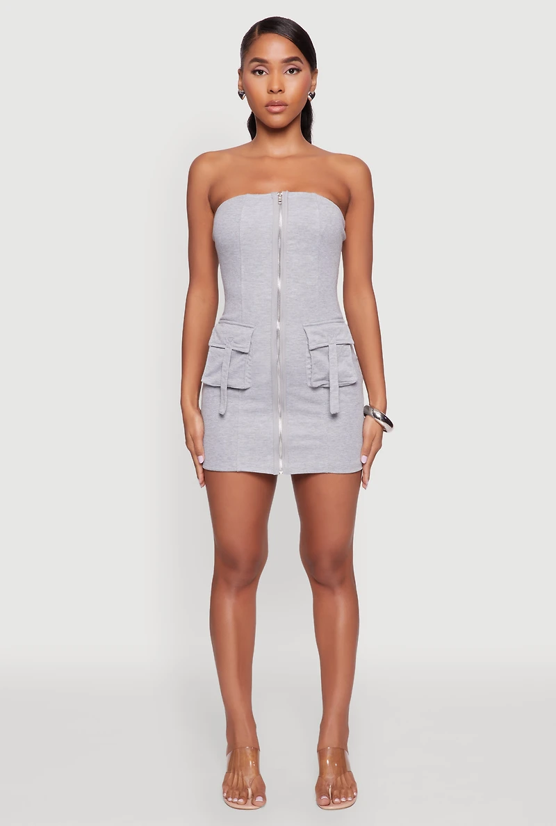 Womens Ribbed Knit Zip Front Cargo Pocket Tube Dress, Grey, Size XL